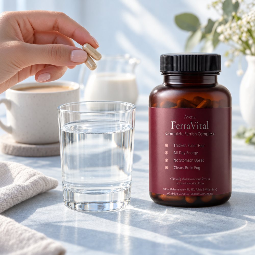 FerraVital bottle and capsules on a sunny counter next to a morning coffee
