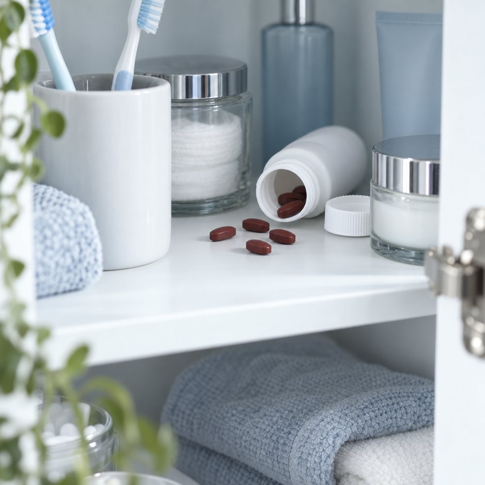 Bottle of iron tablets tipped over with tablets spilled on a bathroom shelf