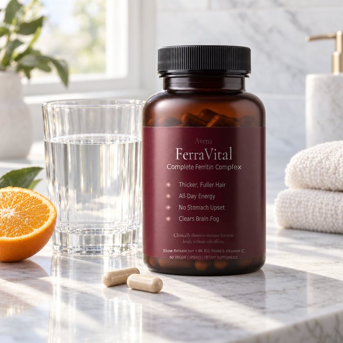 FerraVital bottle and two capsules beside a glass of water