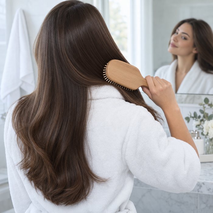 Woman brushing long hair with little left in the brush