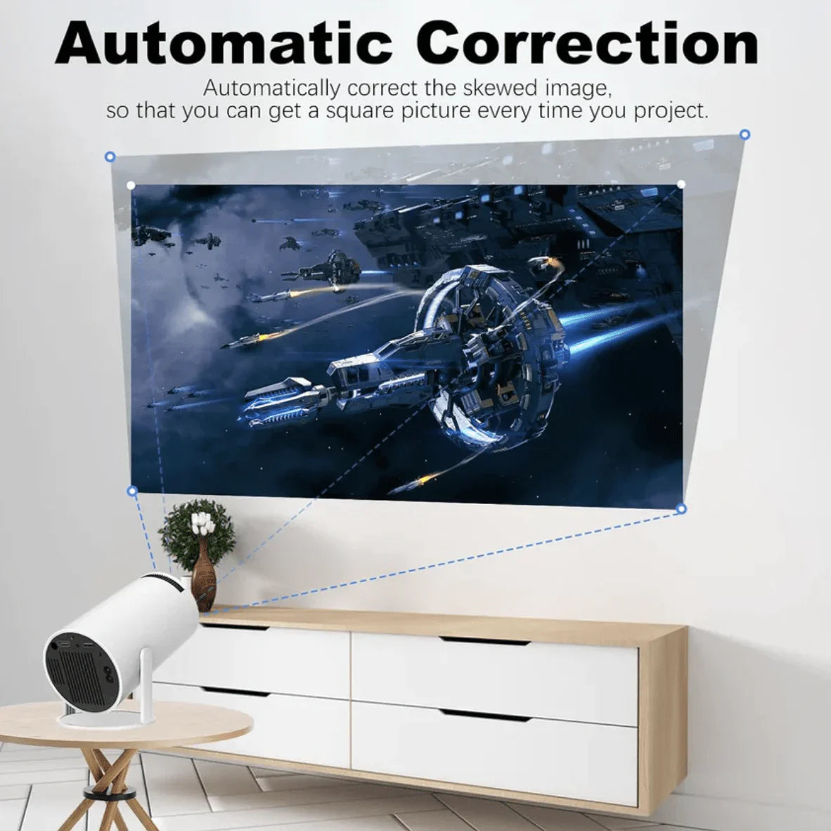 Automatic correction squaring up a skewed projected picture