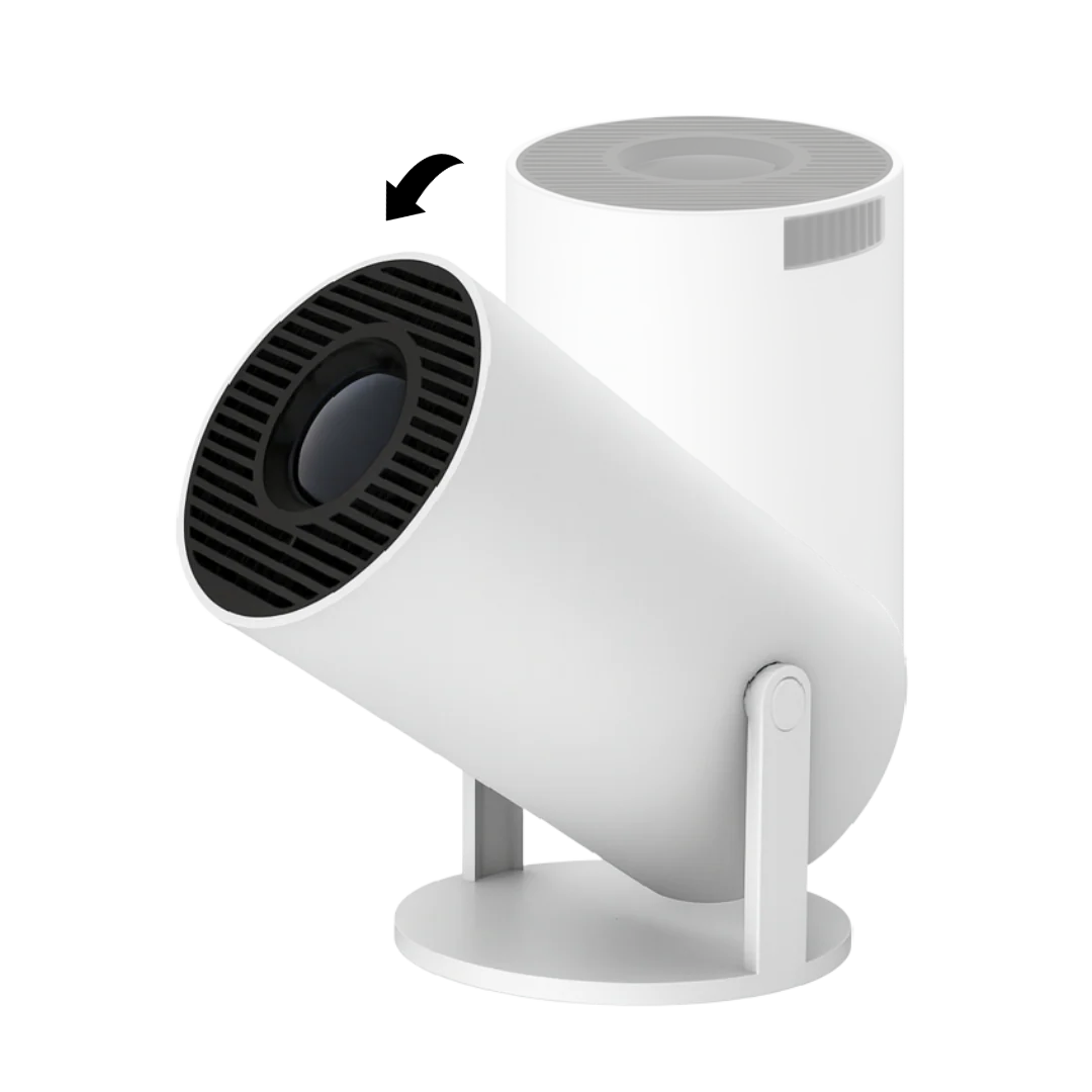 The 180° stand aiming the projector at a wall and a ceiling