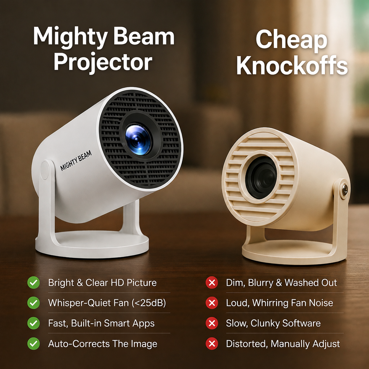 The Mighty Beam next to a cheap knockoff projector, feature by feature