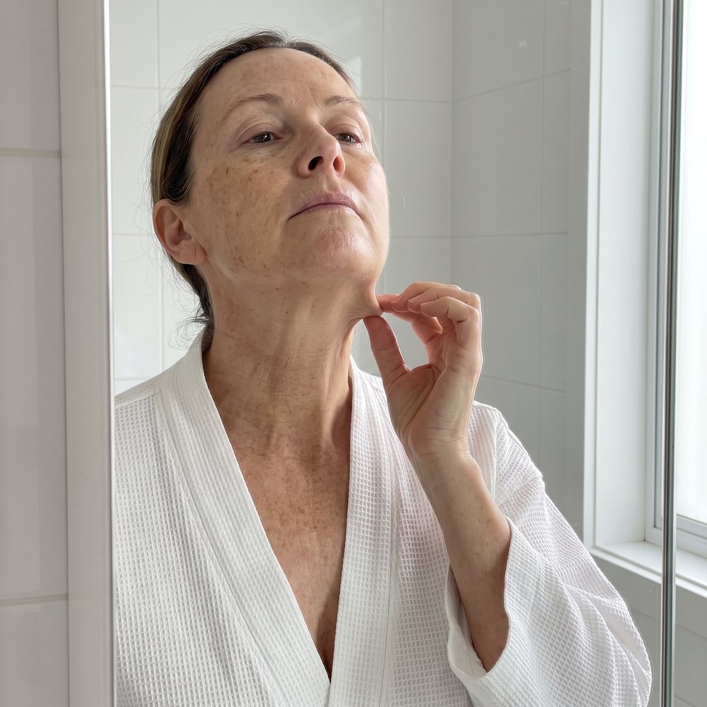 A woman in her late fifties at her bathroom mirror, stretching the thin, crepey skin on the side of her neck
