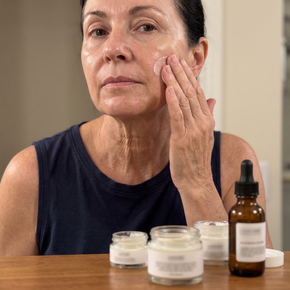 A woman rubbing cream into her cheek at her vanity while the skin on her neck below looks crepey