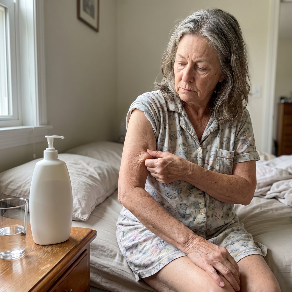 A woman on the edge of her bed pinching the crepey skin on the back of her upper arm, a big bottle of body lotion beside her