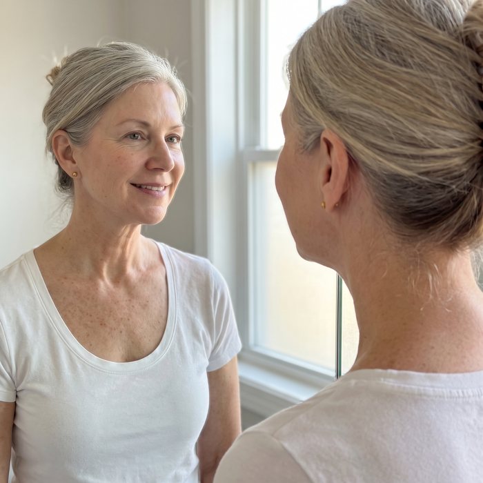 The same woman, hair pinned up, smiling at the side of her neck in the mirror