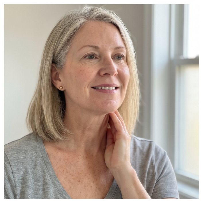 A woman touching her neck and smiling, in the soft morning light by her window