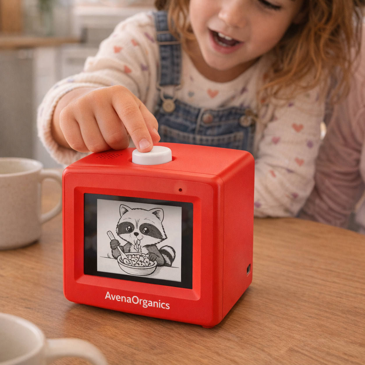Child holding the printer button and saying a sticker idea