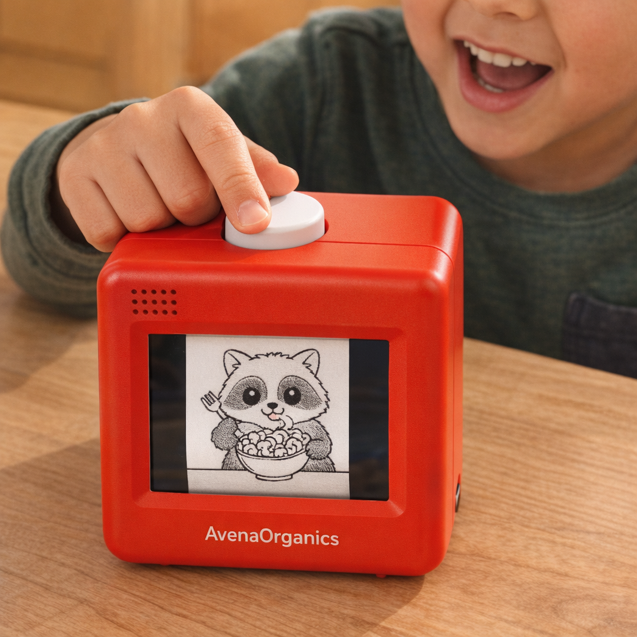 Raccoon artwork clearly visible on the printer screen