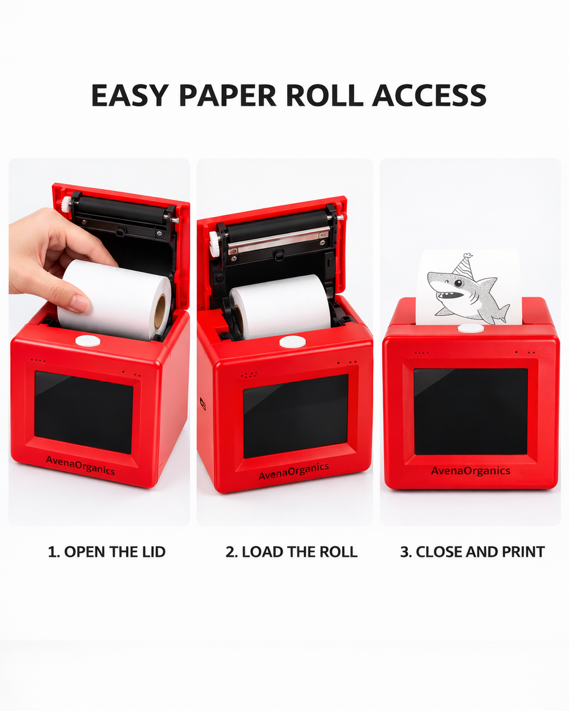 Open, load, close and print steps for the Oddly Fun Sticker Printer