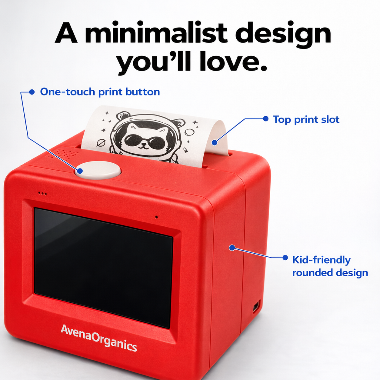 Oddly Fun Sticker Printer one-touch button, top print slot and kid-friendly rounded design
