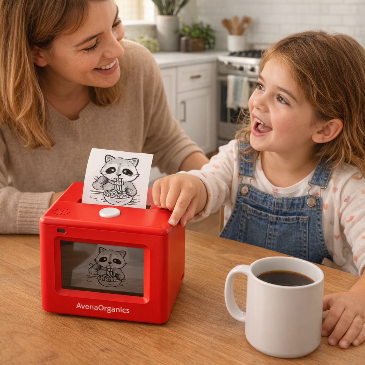 Child pressing the white top button on the red sticker printer