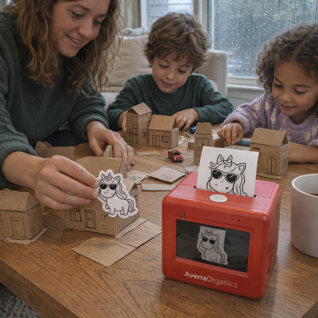 Sarah T. using the Oddly Fun Sticker Printer with her children at a rainy-day kitchen table