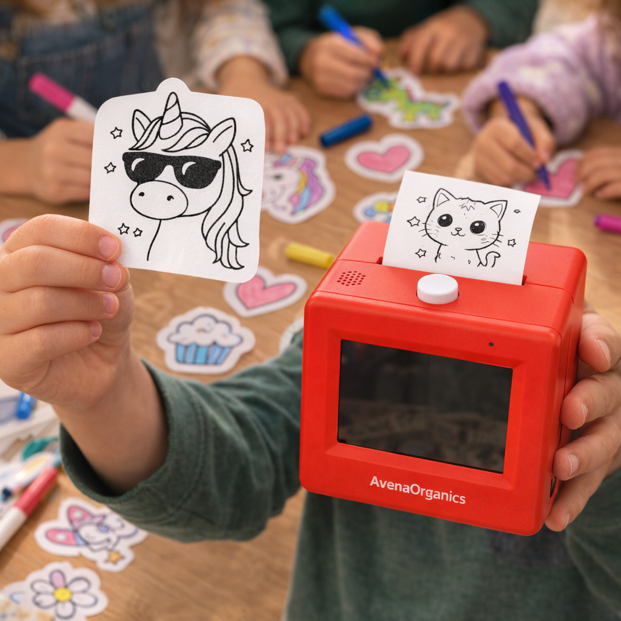 Child holding a detailed printed sticker beside the true-size Oddly Fun Sticker Printer