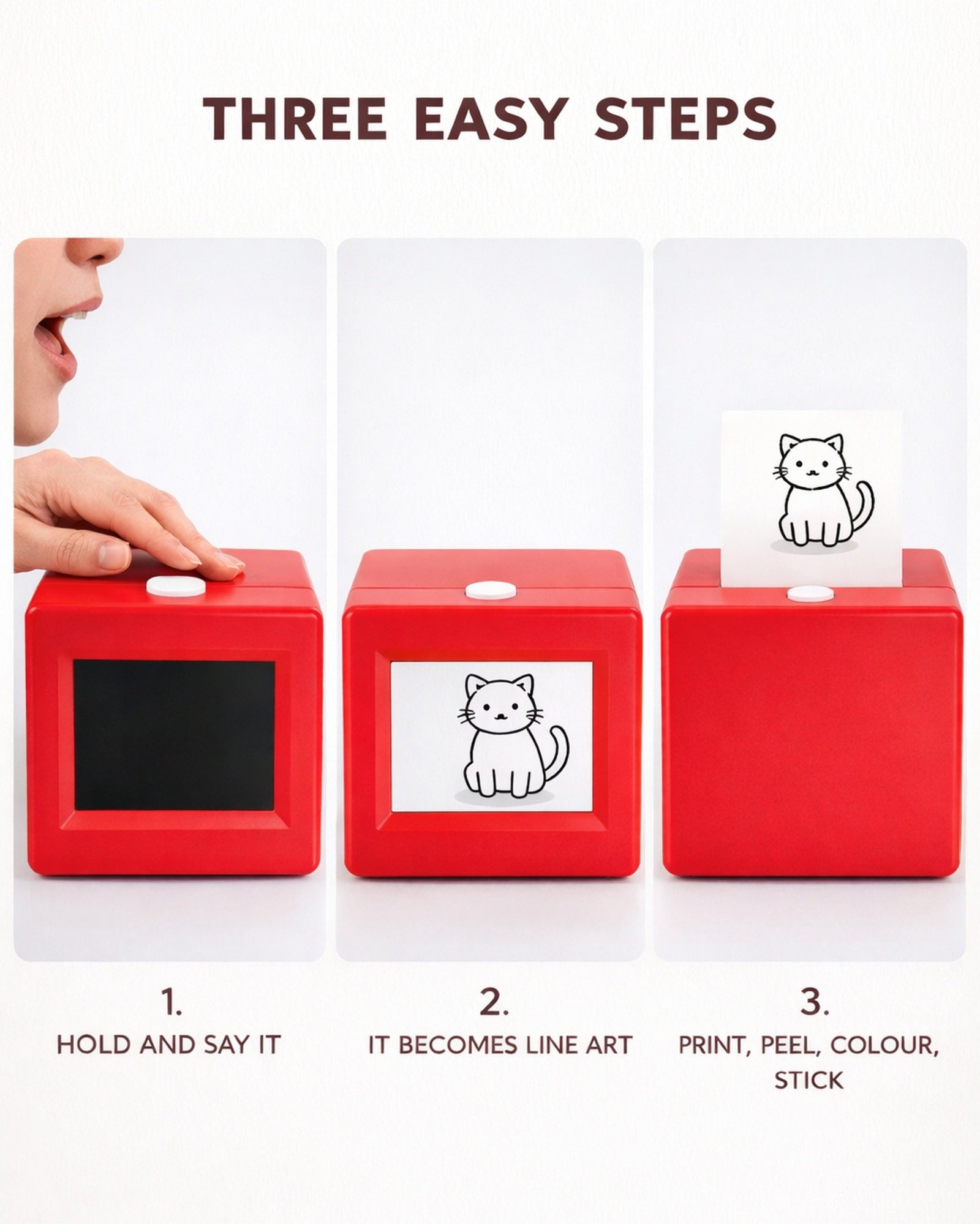 A finger holds the white top button on the red printer while someone speaks