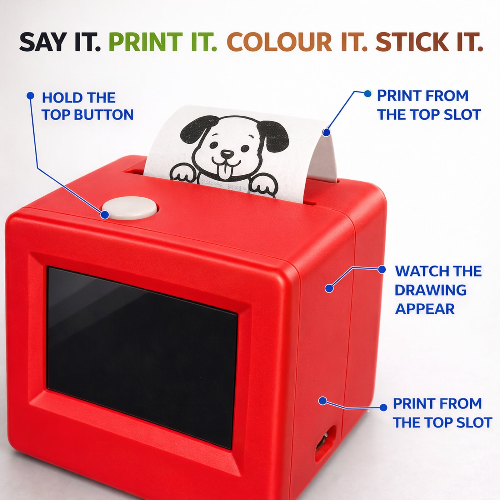 The spoken idea appears as black-and-white line art on the printer's front screen