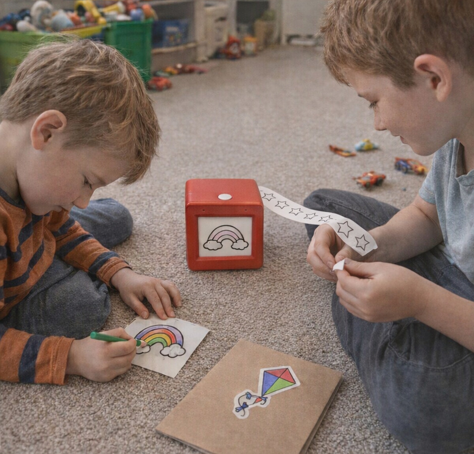 Two boys peeling printed stickers and colouring them in on the floor