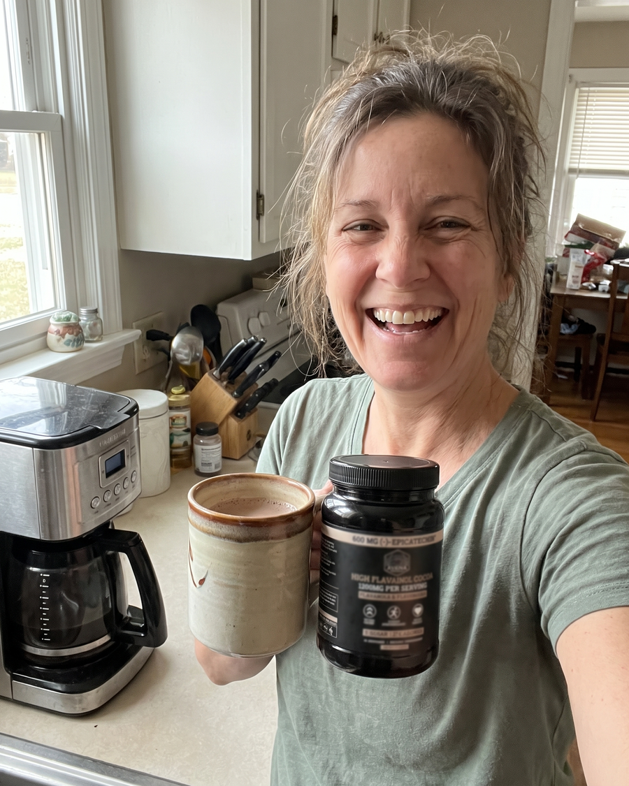 Reviewer scooping Avena cocoa into a morning mug
