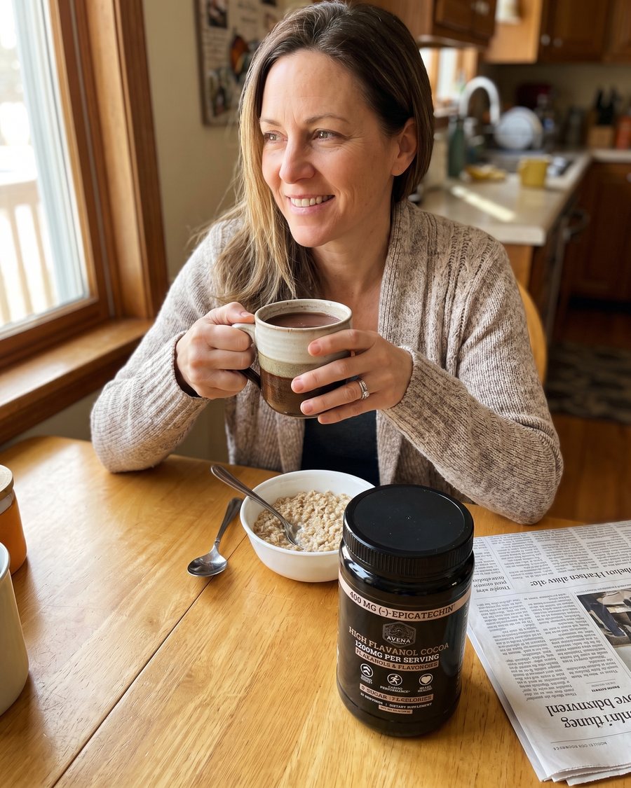 Avena cocoa mug at a breakfast table