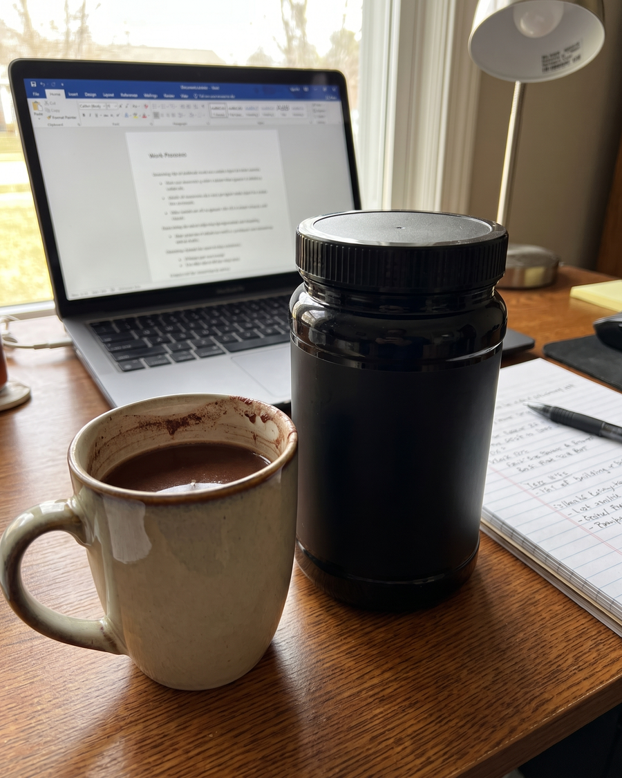 Avena cocoa bottle on a home office desk